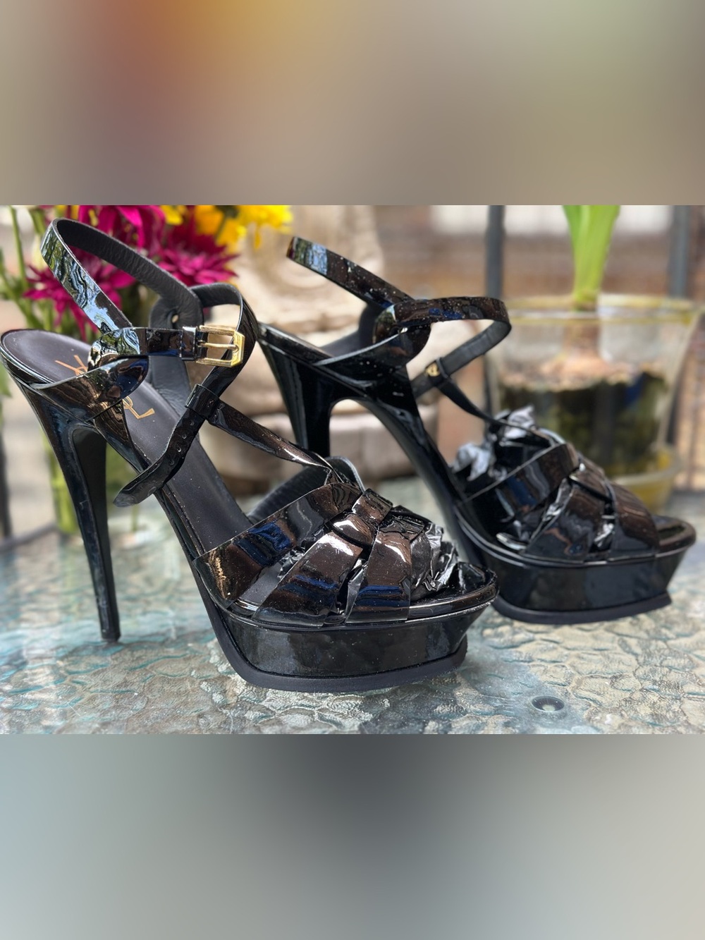 Yves Saint Laurent Black Patent Tribute T-Strap Platform Sandals - Picture 5 of 16